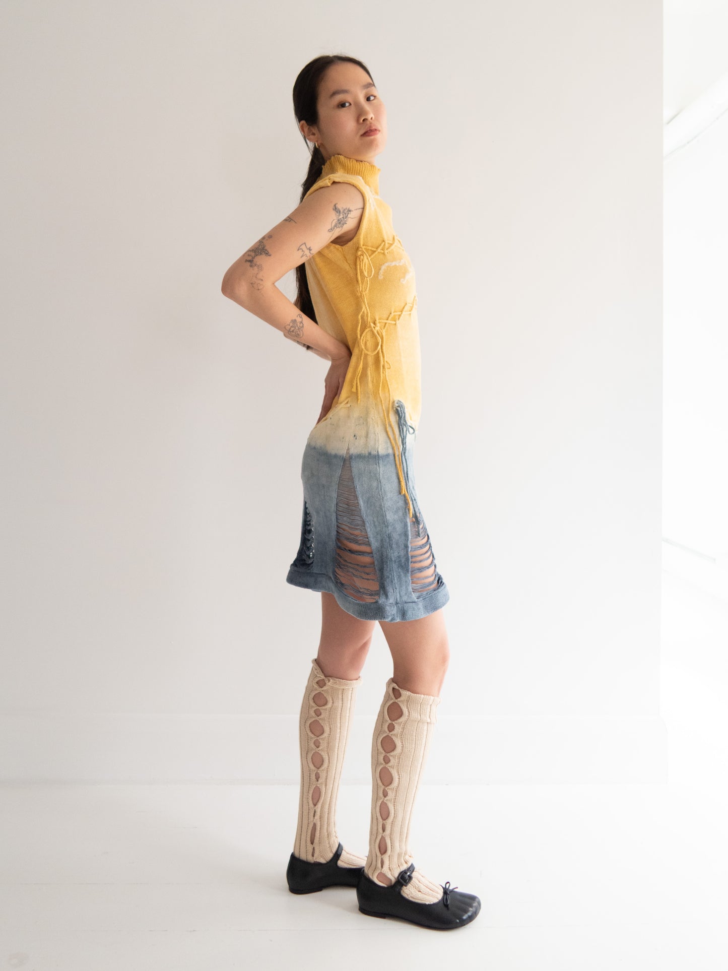 Lace Up Dress - Yellow/Indigo