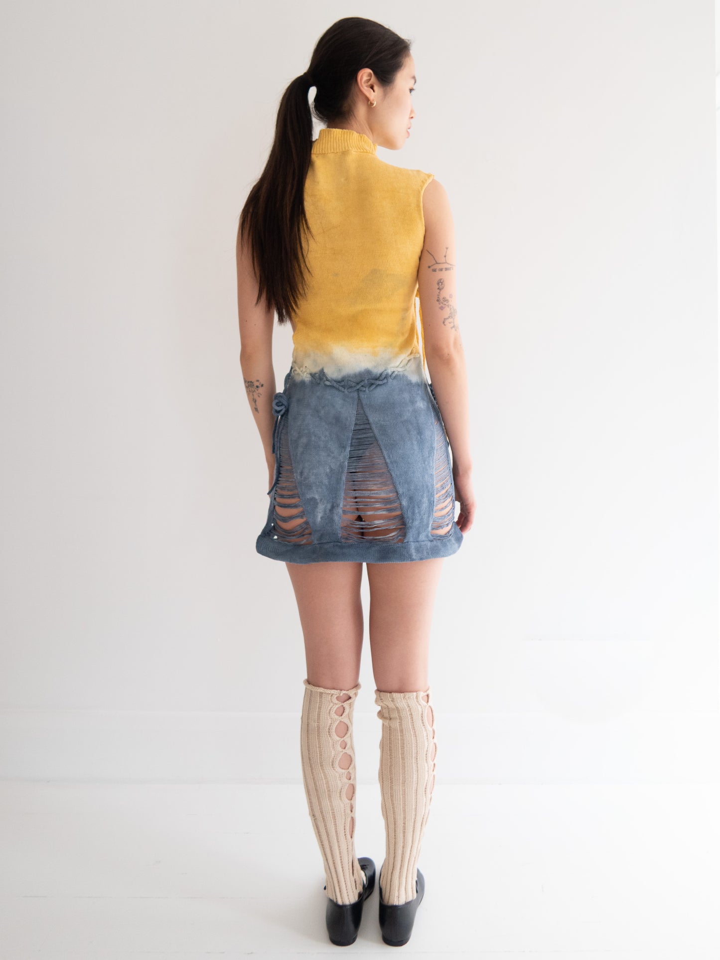 Lace Up Dress - Yellow/Indigo