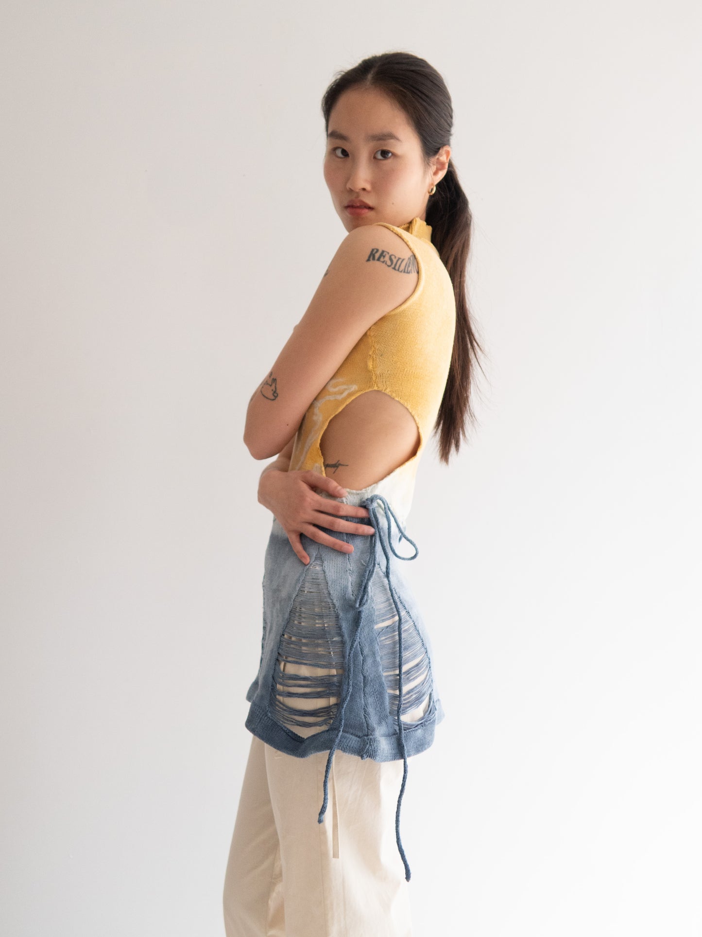 Lace Up Dress - Yellow/Indigo