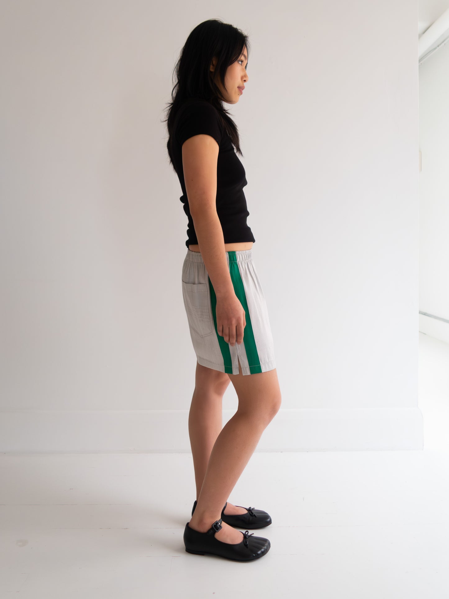 Raw Silk Contrast Shorts - Silver/Pine