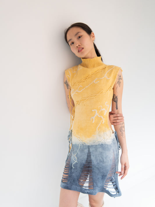 Lace Up Dress - Yellow/Indigo