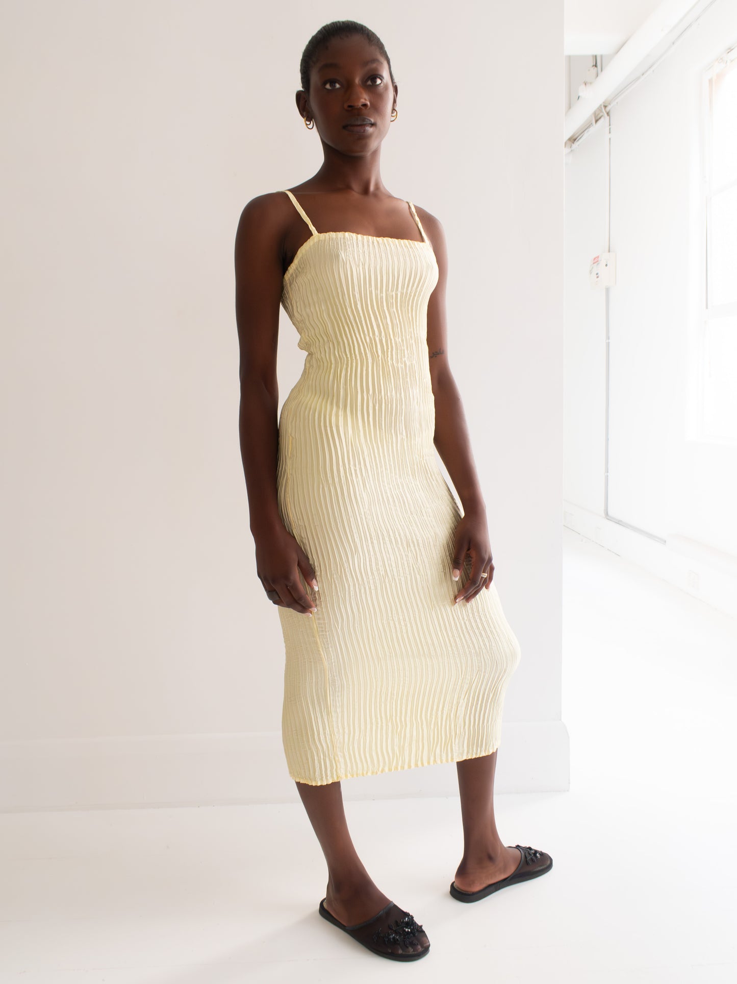 Plissé Silk Tube Dress - Light Yellow