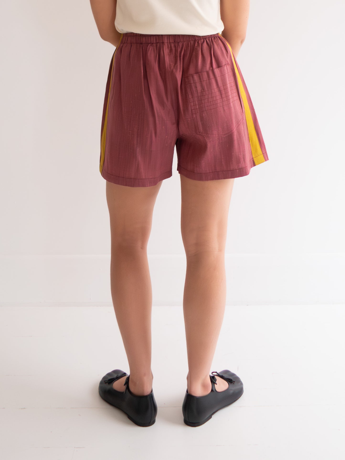 Raw Silk Contrast Shorts - Dark Rose/Mustard