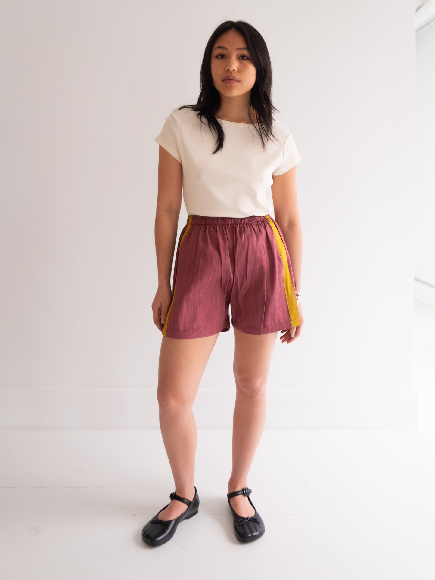 Raw Silk Contrast Shorts - Dark Rose/Mustard