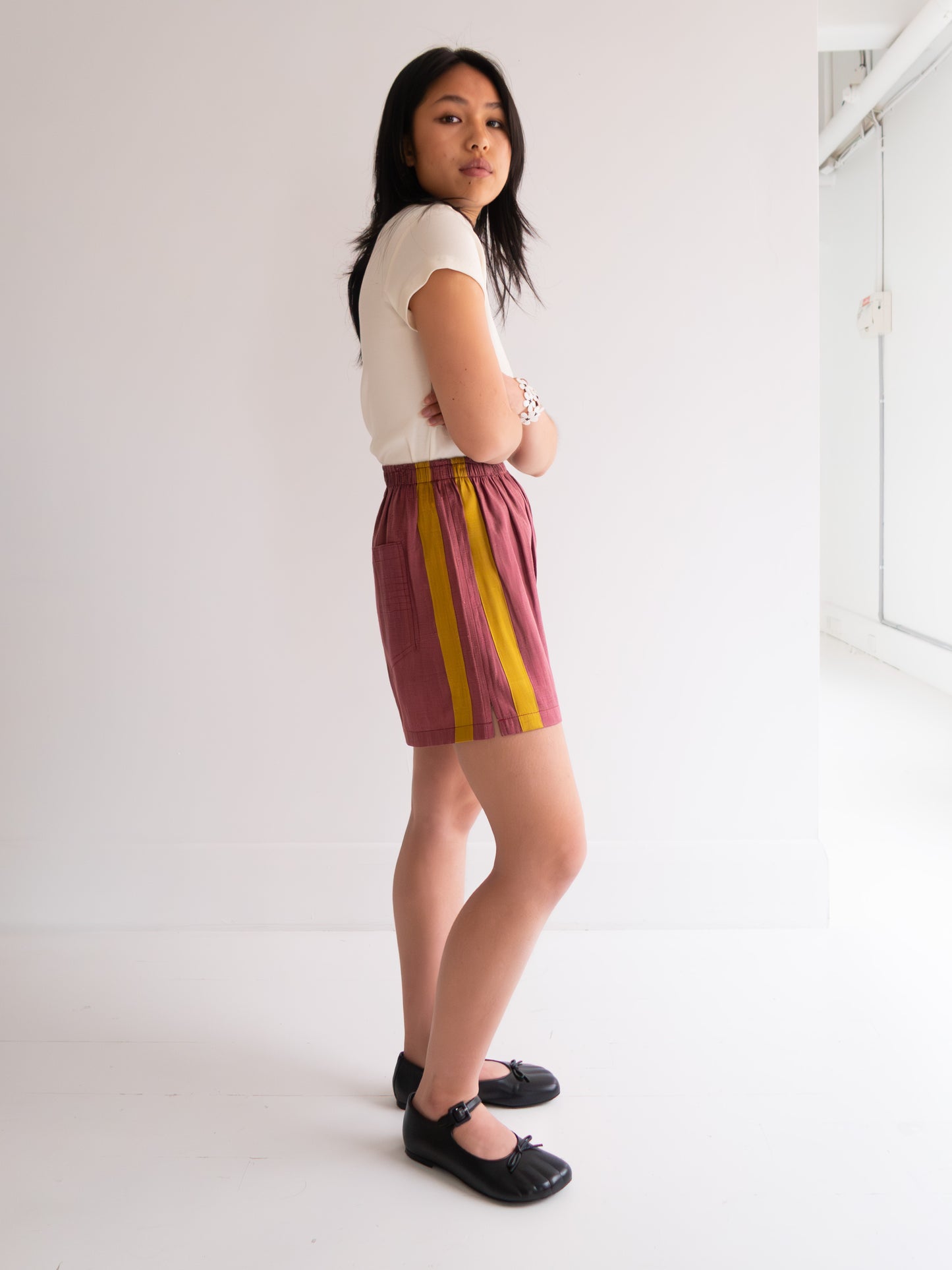 Raw Silk Contrast Shorts - Dark Rose/Mustard