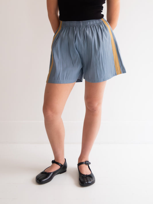 Raw Silk Contrast Shorts - Denim/Gold