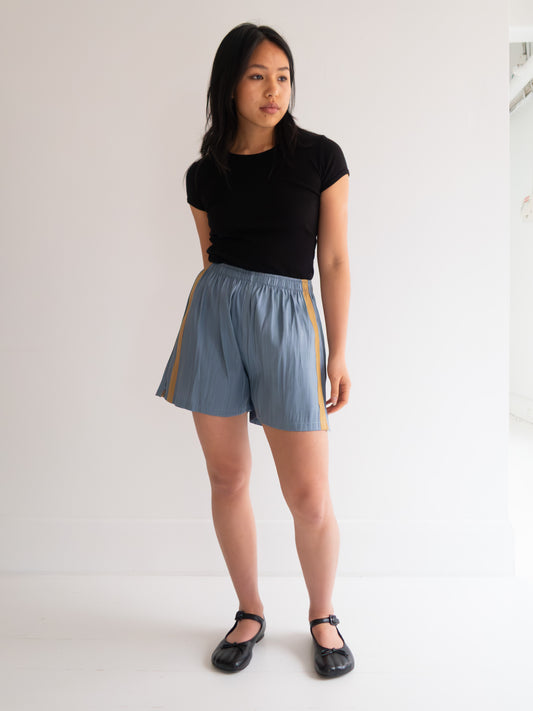 Raw Silk Contrast Shorts - Denim/Gold