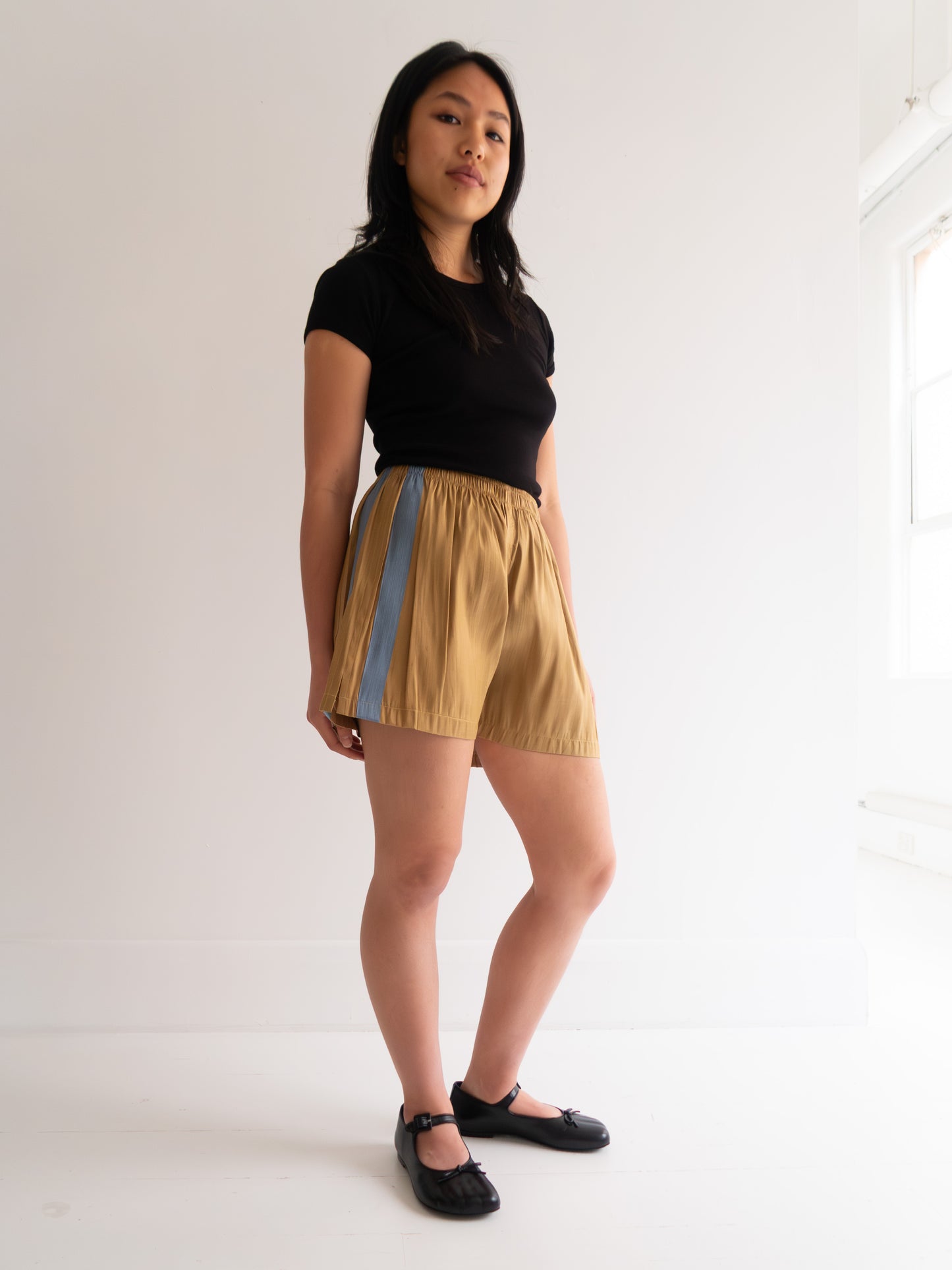 Raw Silk Contrast Shorts - Gold/Sky