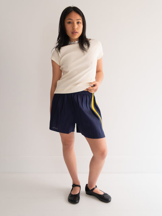 Raw Silk Contrast Shorts - Navy/Chartreuse