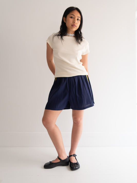 Raw Silk Contrast Shorts - Navy/Chartreuse