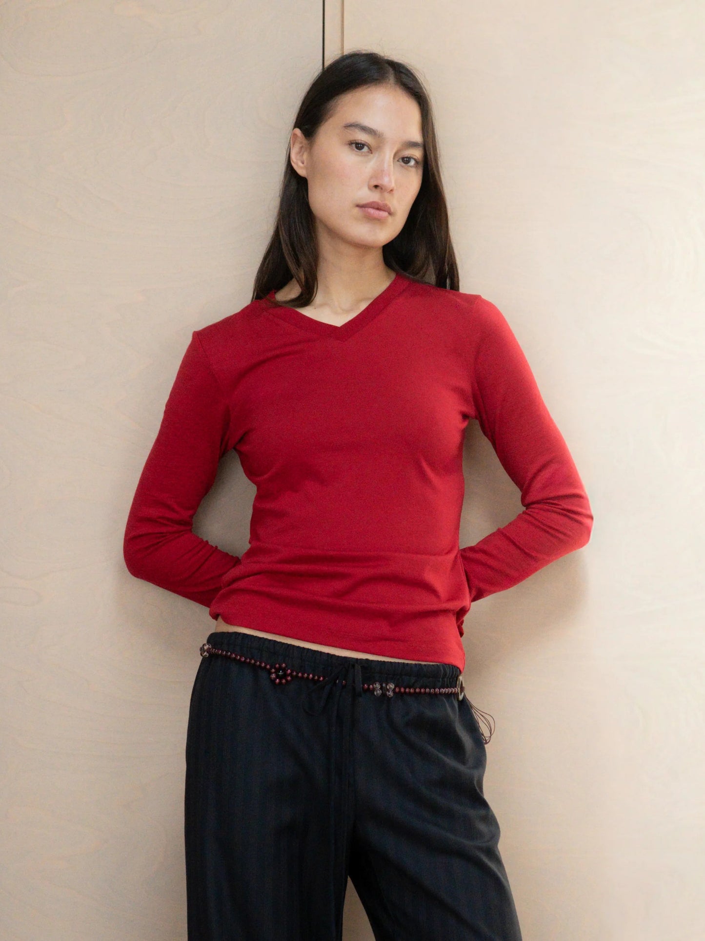 High V-Neck Long Sleeve - Crimson