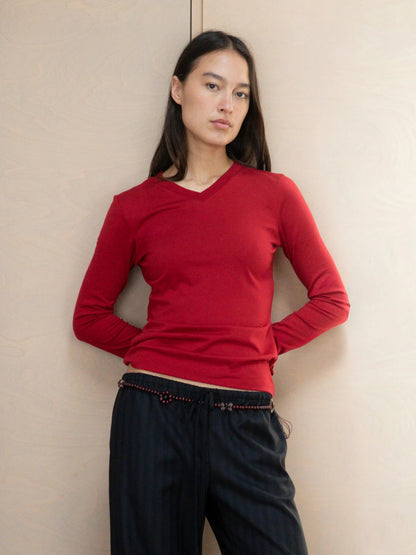 High V-Neck Long Sleeve - Crimson