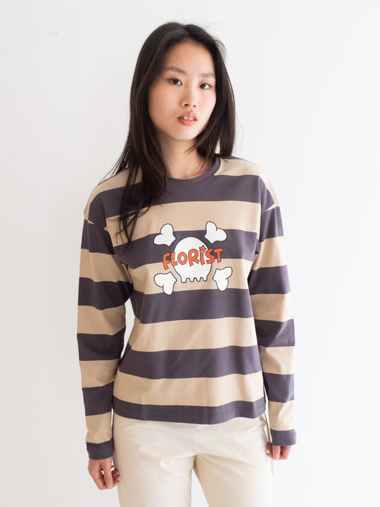 Skull Long Sleeve - Beige/Charcoal Stripe