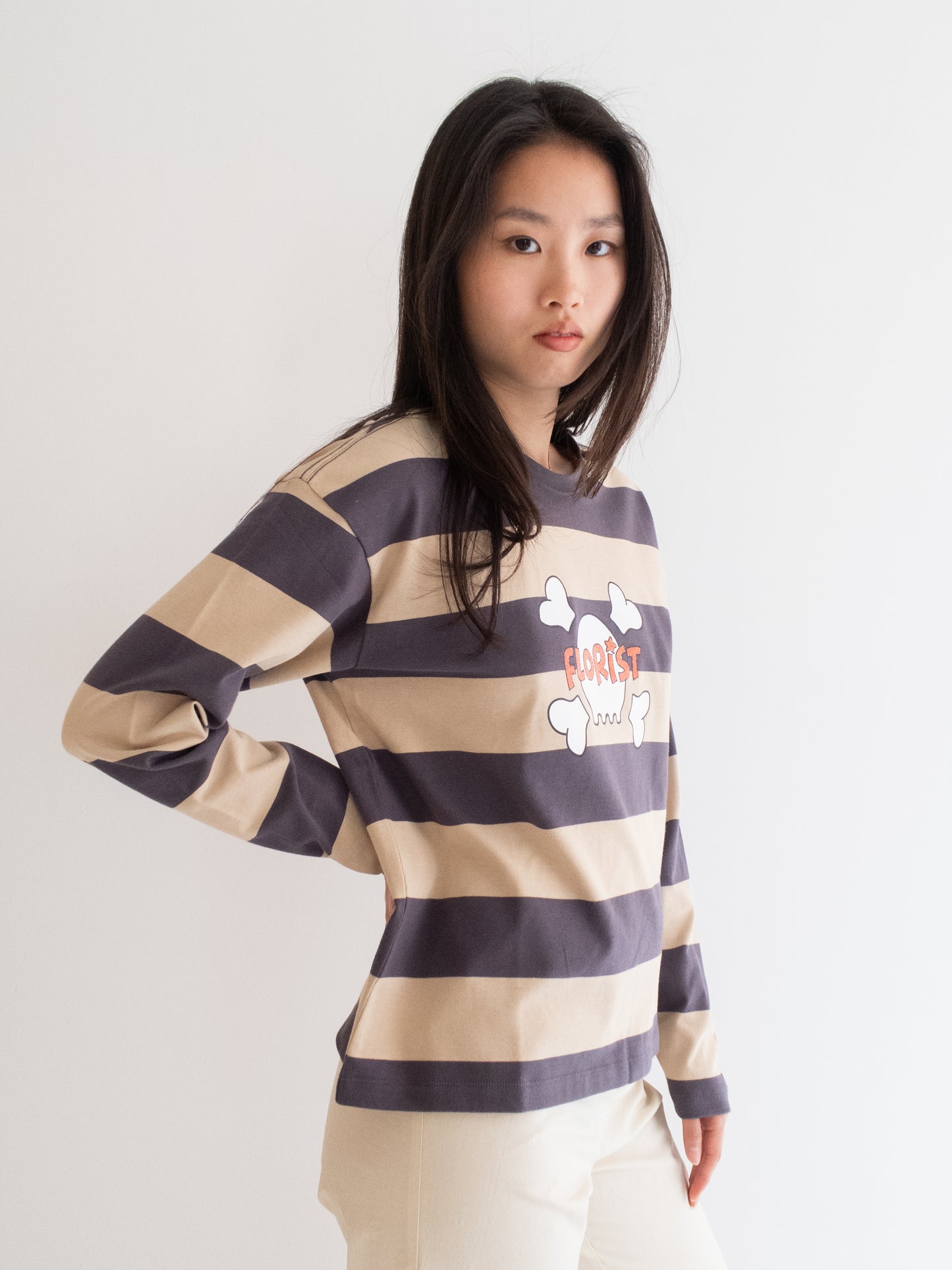 Skull Long Sleeve - Beige/Charcoal Stripe