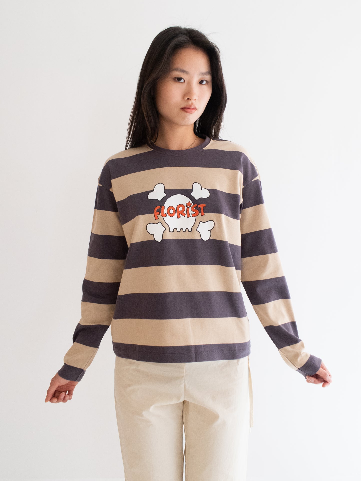 Skull Long Sleeve - Beige/Charcoal Stripe